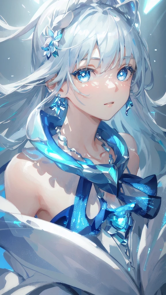 masterpiece, best quality, illustration, sax blue, platinum earrings, platinum necklace, white dress, 1girl, cute, (dynamic lighting:1.2), cinematic lighting, delicate facial features, detailed eyes, sharp pupils, realistic pupils, depth of field, bokeh, sharp focus, (hyper-detailed, bloom, glow:1.4), many small gems