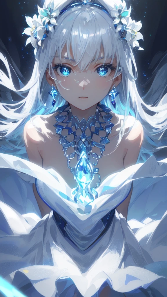masterpiece, best quality, illustration, sax blue, platinum earrings, platinum necklace, white dress, 1girl, cute, (dynamic lighting:1.2), cinematic lighting, delicate facial features, detailed eyes, sharp pupils, realistic pupils, depth of field, bokeh, sharp focus, (hyper-detailed, bloom, glow:1.4), many small gems