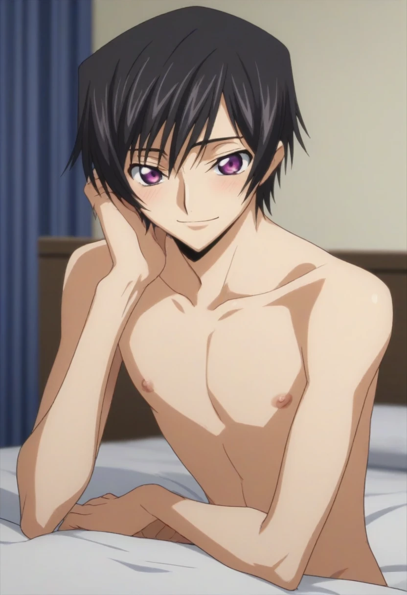 score_9, score_8_up, score_7_up, source_anime, rating_safe, intricate details, anime screencap, , , looking at viewer, depth of field, 1boy, solo, male focus, lelouch_lamperouge, black hair, purple eyes, bangs, smile, blush, cute, naked, bed room, night.