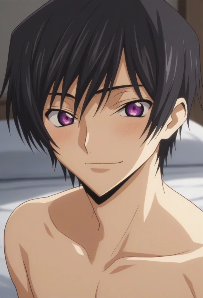 score_9, score_8_up, score_7_up, source_anime, rating_safe, intricate details, anime screencap, , , looking at viewer, depth of field, 1boy, solo, male focus, lelouch_lamperouge, black hair, purple eyes, bangs, smile, blush, cute, naked, bed room, night.
