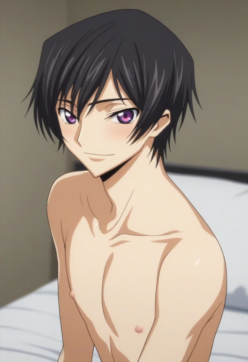 score_9, score_8_up, score_7_up, source_anime, rating_safe, intricate details, anime screencap, , , looking at viewer, depth of field, 1boy, solo, male focus, lelouch_lamperouge, black hair, purple eyes, bangs, smile, blush, cute, naked, bed room, night.