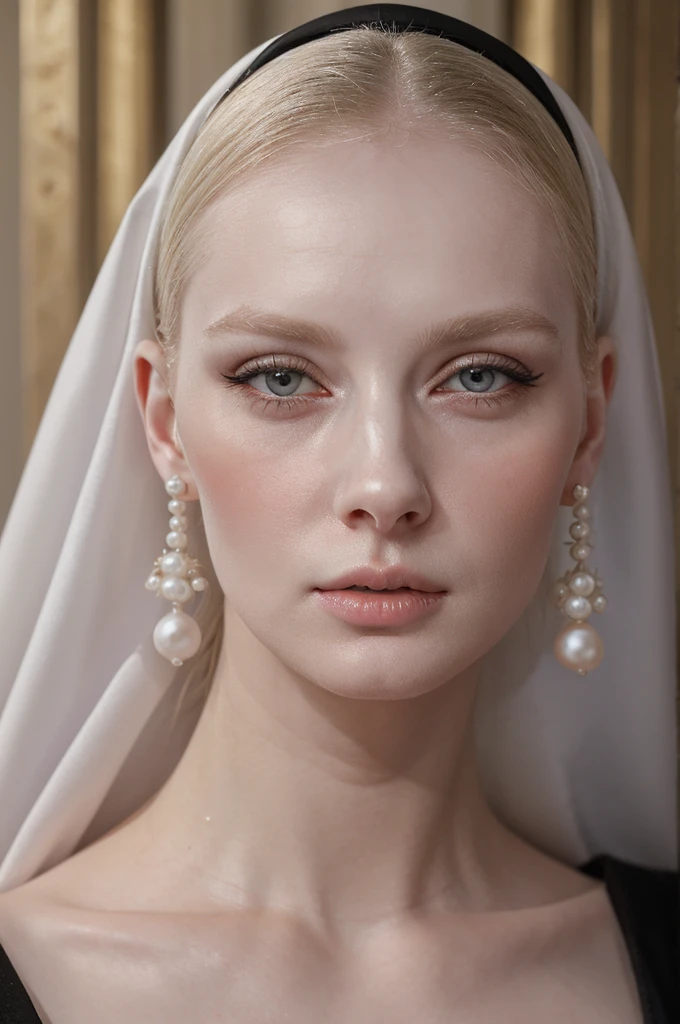a blonde woman wearing black veil and pearl earrings , nun, poses for a picture, pearl earring, nun with pearl earring, girl with the pearl earring, girl with a pearl earring, girl with a pearl earringl, monia merlo, johannes vemeer, steven meisel, with pale skin, pale woman, inspired by Johannes Vermeer, with a white complexion