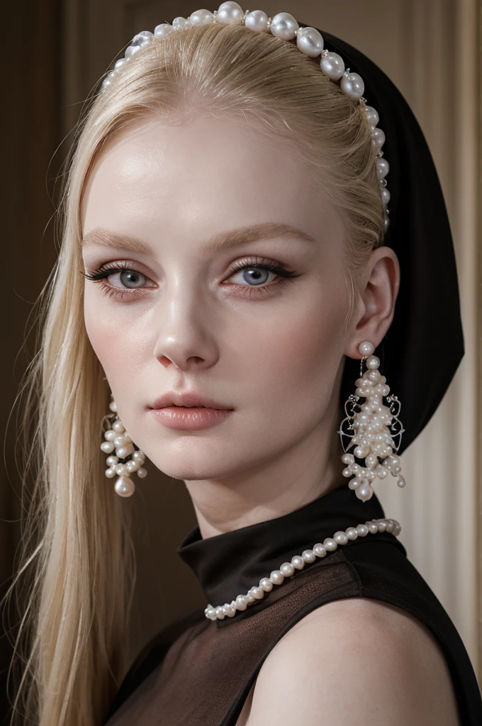 a blonde woman wearing black veil and pearl earrings , nun, poses for a picture, pearl earring, nun with pearl earring, girl with the pearl earring, girl with a pearl earring, girl with a pearl earringl, monia merlo, johannes vemeer, steven meisel, with pale skin, pale woman, inspired by Johannes Vermeer, with a white complexion