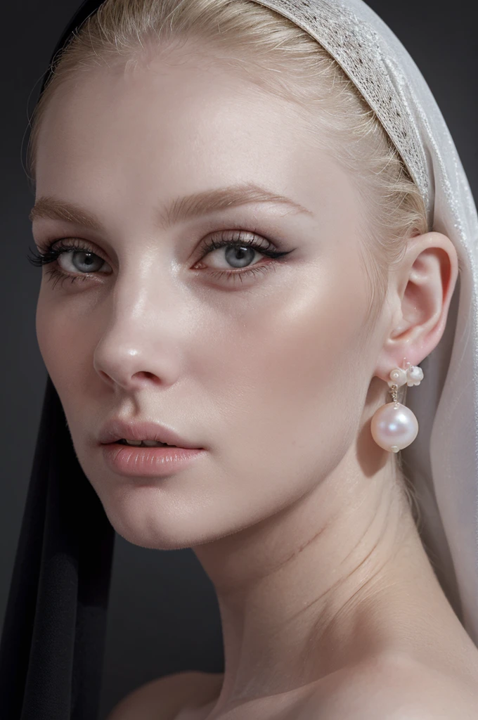 a blonde woman wearing black veil and pearl earrings , nun, poses for a picture, pearl earring, nun with pearl earring, girl with the pearl earring, girl with a pearl earring, girl with a pearl earringl, monia merlo, johannes vemeer, steven meisel, with pale skin, pale woman, inspired by Johannes Vermeer, with a white complexion