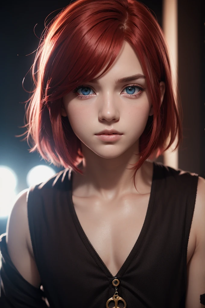 boy, star eye, blush, perfect lighting, Red hair, Eyes red, engine unreal, side lighting, face detailed, shining skin, simple background, darkness background, com cosplay de gatinho.