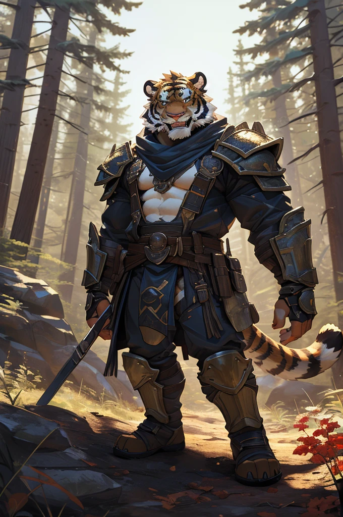Tiger,Young Adults,Strong,handsome,warrior,Sexy body,Golden fur,Huge penis,Exposed genitals,Revealing clothing,毛茸茸的Tiger爪,Extremely revealing clothing(Scapula,Armor knee pads,Crotch bulge,The genitals are extremely prominent,Red torn shawl,Bare chest and abdomen,Bare thighs,barefoot),expression(vigilante,Gnashing of teeth),action(Standing,vigilante),Alone,angry,Challenge the camera character to a duel,environment(Clearing in open forest,There are sparse low weeds around,There are pine trees in the distance),good-looking.
