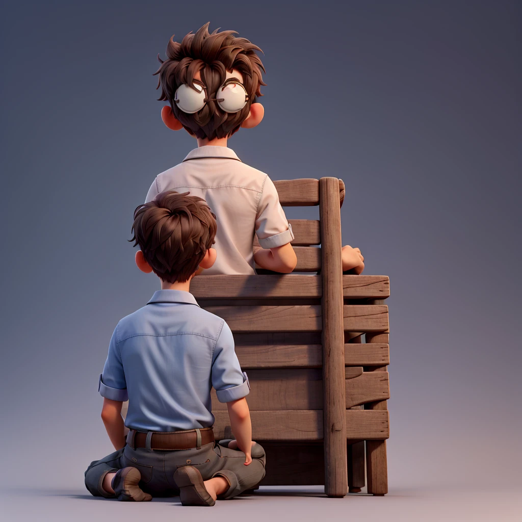 A boy whose face is hidden sitting in a gradient background, seen from his back 