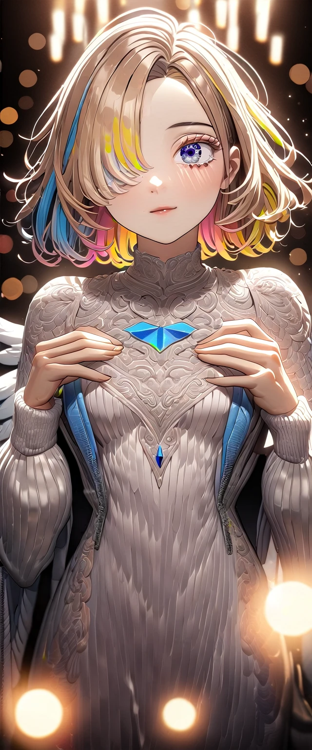 (((One girl))), (((cowboy shot))), ((flying)), ((angel, big big white wings:1.2, halo:1.3)), Uriel, ((wavy hair, outward curled hair)), sea, beach, evening, Sunset, ((blond hair, bob cut:1.3)), breasts, teenager, (looking at viewer), oversized clothes, puffy long sleeves, collarbone, ((off-shoulder sweater dress:1.3, Quite thick shoulder straps)), (((sleeves past wrists:1.3))), ((white sweater)), collarbone, head tilt:1.3, (((blue eye))), ((happy smile)), (((anime style))), (best quality, 4K, 8K, highres, masterpiece:1.2, ultra-detailed, ultra-detailed eyes, HDR, uhd, studio lighting, ultra-fine painting, sharp focus, physically-based rendering, extreme detail description, professional, vivid colors, bokeh), ((Highest quality, Best image quality, Ultra-high resolution, Ultra-high resolution, solo, Strong eye highlights)), Depth of written boundary, Natural soft light, attractive, Beautiful Face, Cleanliness, Pure Face, medium chest, Beautiful Face, Perfect Fingers, Perfect hands, Perfect body, Perfect Face, Shine a light into your eyes, Perfect Anatomy