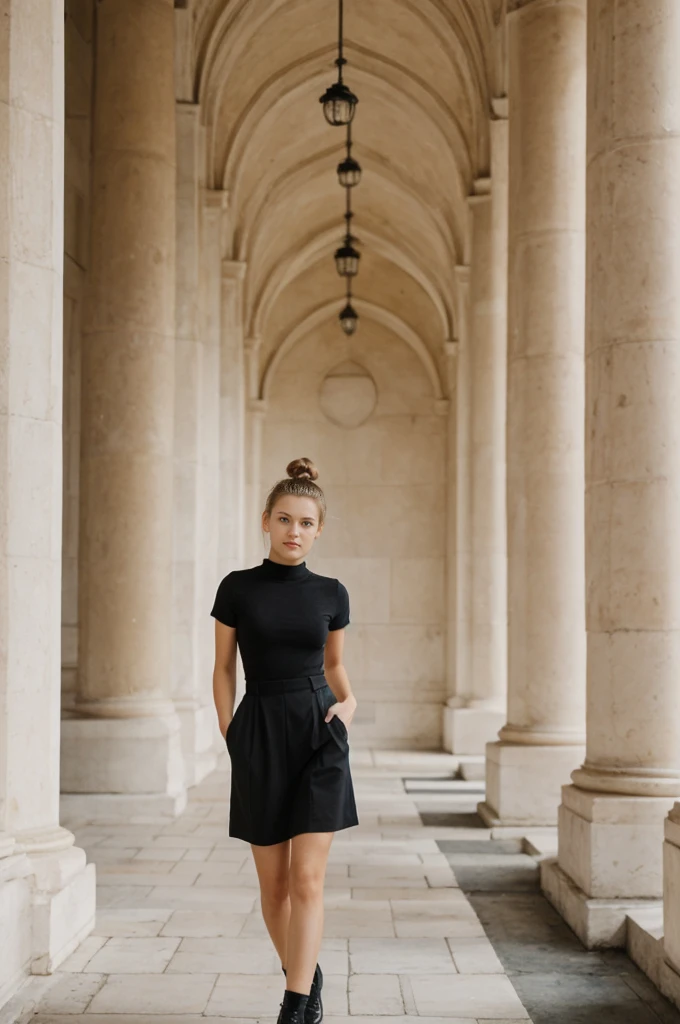 her name is An, high quality, 1girl, ((20-year-old fit Caucasian woman)), ((20 years old)), ((fit)), ((hair in a bun)), pose: standing, wearing dark colored unique edgy gen Z modern wear, BACKGROUND: Your residence is a neoclassical building with grand columns and a view of the golden domes of Saint Sophia's Cathedral.