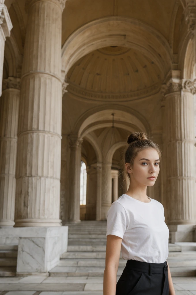 her name is An, high quality, 1girl, ((20-year-old fit Caucasian woman)), ((20 years old)), ((fit)), ((hair in a bun)), pose: standing, wearing dark colored unique edgy gen Z modern wear, BACKGROUND: Your residence is a neoclassical building with grand columns and a view of the golden domes of Saint Sophia's Cathedral.