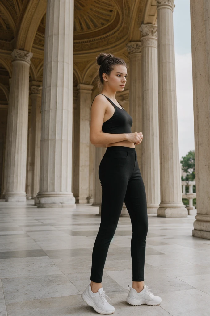 her name is An, high quality, 1girl, ((20-year-old fit Caucasian woman)), ((20 years old)), ((fit)), ((hair in a bun)), pose: standing, wearing dark colored unique edgy gen Z modern wear, BACKGROUND: Your residence is a neoclassical building with grand columns and a view of the golden domes of Saint Sophia's Cathedral.