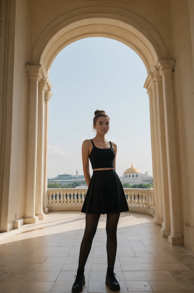 her name is An, high quality, 1girl, ((20-year-old fit Caucasian woman)), ((20 years old)), ((fit)), ((hair in a bun)), pose: standing, wearing dark colored unique edgy gen Z modern wear, BACKGROUND: Your residence is a neoclassical building with grand columns and a view of the golden domes of Saint Sophia's Cathedral.