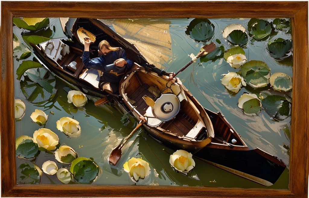 man rowing boat on lake, lake full of lotus flowers