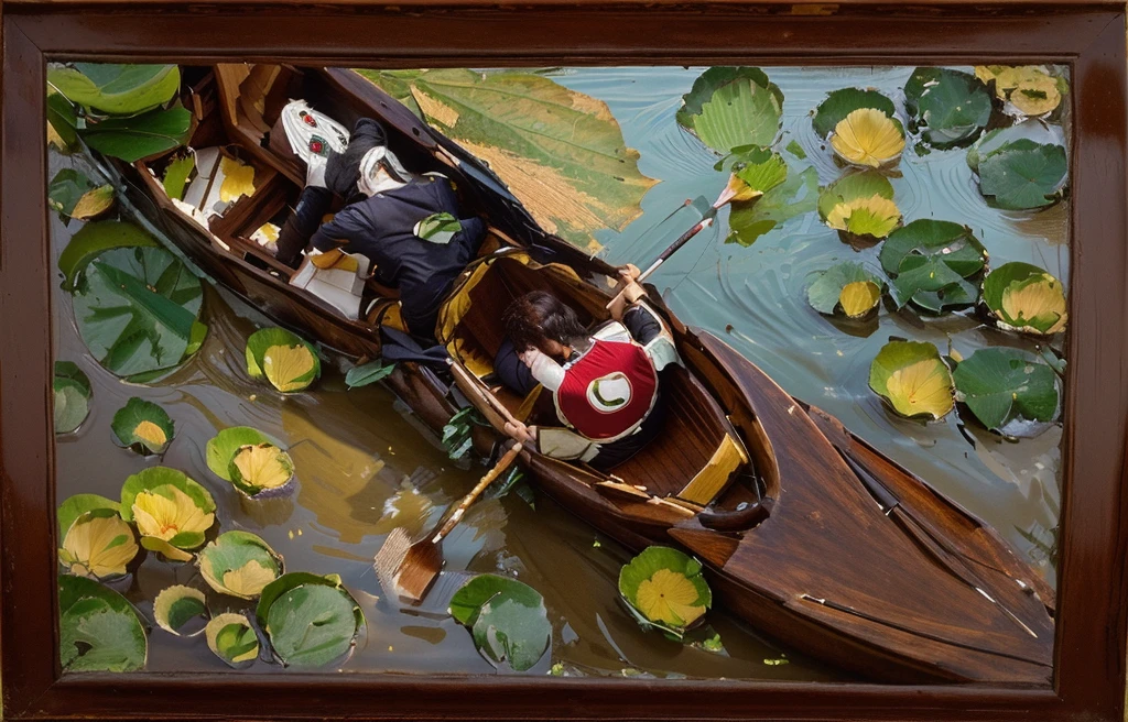 man rowing boat on lake, lake full of lotus flowers