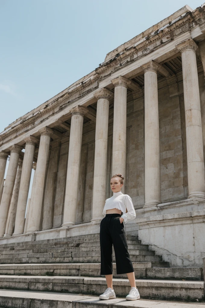 her name is An, high quality, 1girl, ((20-year-old fit Caucasian woman)), ((20 years old)), ((fit)), ((hair in a bun)), pose: standing, wearing dark colored unique edgy gen Z modern wear, BACKGROUND: Your residence is a neoclassical building with grand columns and a view of the golden domes of Saint Sophia's Cathedral.