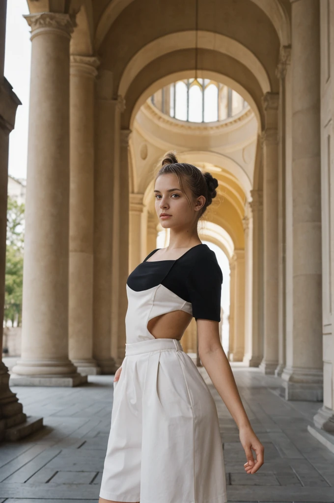 her name is An, high quality, 1girl, ((20-year-old fit Caucasian woman)), ((20 years old)), ((fit)), ((hair in a bun)), pose: standing, wearing dark colored unique edgy gen Z modern wear, BACKGROUND: Your residence is a neoclassical building with grand columns and a view of the golden domes of Saint Sophia's Cathedral.