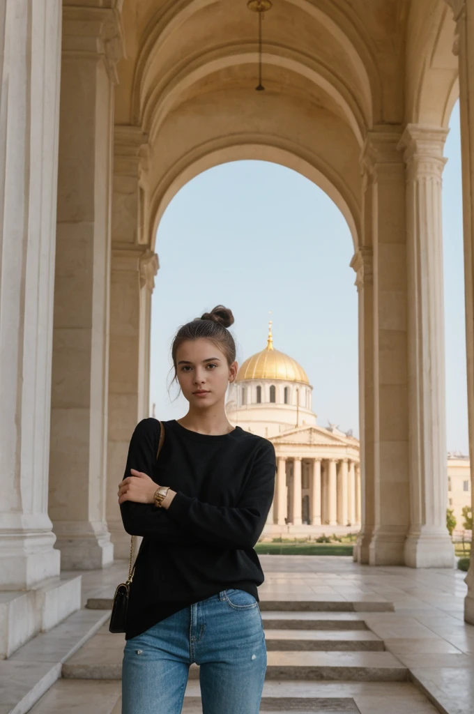 her name is An, high quality, 1girl, ((20-year-old fit Caucasian woman)), ((20 years old)), ((fit)), ((hair in a bun)), pose: standing, wearing dark colored unique edgy gen Z modern wear, BACKGROUND: Your residence is a neoclassical building with grand columns and a view of the golden domes of Saint Sophia's Cathedral.