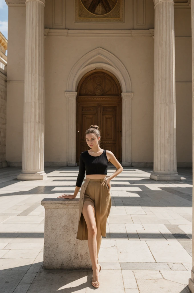 her name is An, high quality, 1girl, ((20-year-old fit Caucasian woman)), ((20 years old)), ((fit)), ((hair in a bun)), pose: standing, wearing dark colored unique edgy gen Z modern wear, BACKGROUND: Your residence is a neoclassical building with grand columns and a view of the golden domes of Saint Sophia's Cathedral.