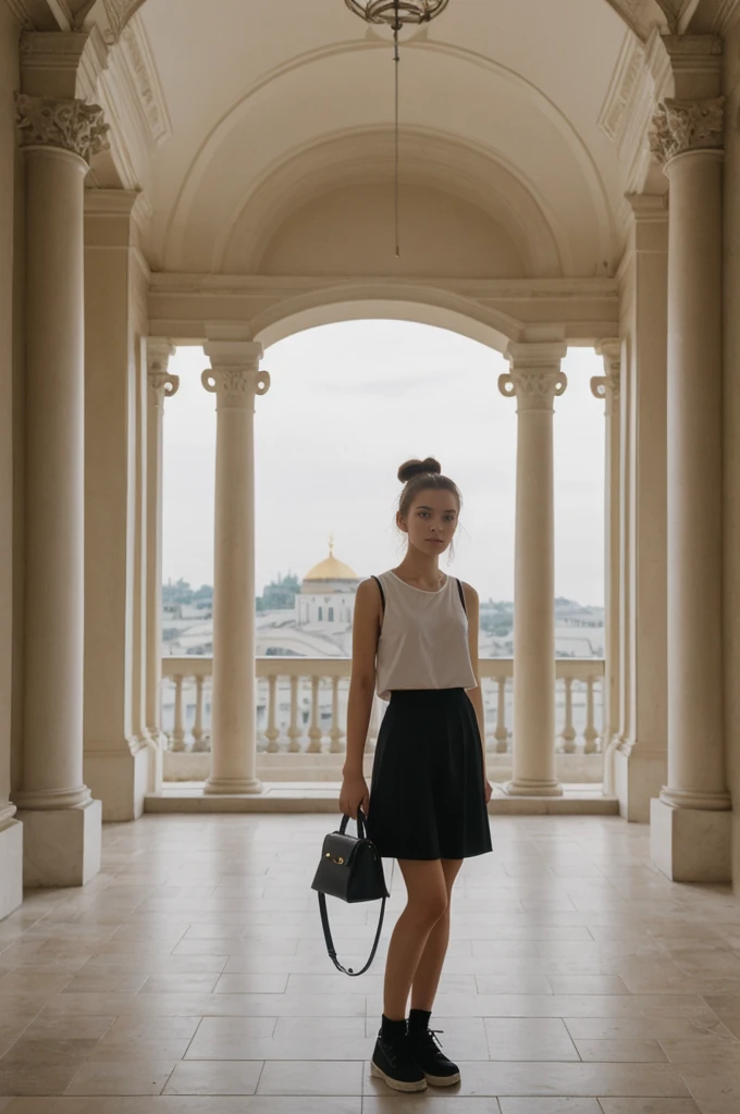 her name is An, high quality, 1girl, ((20-year-old fit Caucasian woman)), ((20 years old)), ((fit)), ((hair in a bun)), pose: standing, wearing dark colored unique edgy gen Z modern wear, BACKGROUND: Your residence is a neoclassical building with grand columns and a view of the golden domes of Saint Sophia's Cathedral.