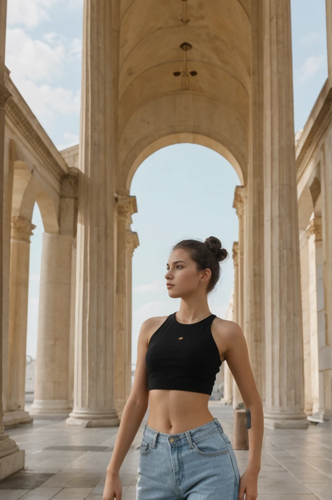 her name is An, high quality, 1girl, ((20-year-old fit Caucasian woman)), ((20 years old)), ((fit)), ((hair in a bun)), pose: standing, wearing dark colored unique edgy gen Z modern wear, BACKGROUND: Your residence is a neoclassical building with grand columns and a view of the golden domes of Saint Sophia's Cathedral.