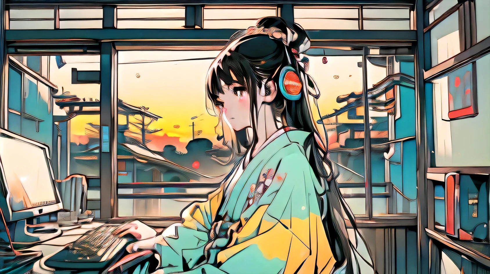 (best quality,official art,beautiful and aesthetic:1.2),(fractal art:1.2),offcial art,colorful,Colorful background,splash of color,movie perspective,advertising style,magazine cover, high resolution,High definition,high quality,Girl playing games,gaming computer,Erogeo Art Style, Arte Roffie, zero vibrations, Hip Hop Lofi,aesthetic, Lo-fi art, Lo-fi illustration style, zero, Portrait of Roffey, vibe zero, zero, Chill Hop, Anime Aesthetics,japanese style,large window,girl wearing headphones,sunset,painted with a rough hand-drawn aesthetic,fantasy,Edo Period