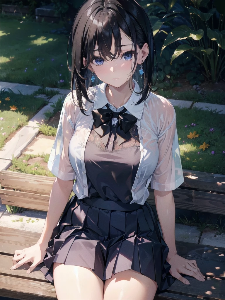Best image quality, 8k, (Ultra-high resolution:1.5,Japanese,Sad expression,Line of sight（Looking down and crying）,Sensitive face,Attractive face,Long Black Hair、garden、Sunset、Fantasy、Black tank top、White Skirt、Sitting on a bench、Big Breasts、