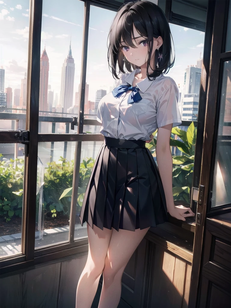 absurdres, RAW photo, extremely delicate and beautiful, masterpiece, Best Quality, ultra high resolution, 32k, hyperrealistic, ultra-detailed, in her 20s, delicate facial features, tearful mole, earring, medium breasts, full body shot, shorter middle hair, black hair, ((summer school_uniform)),