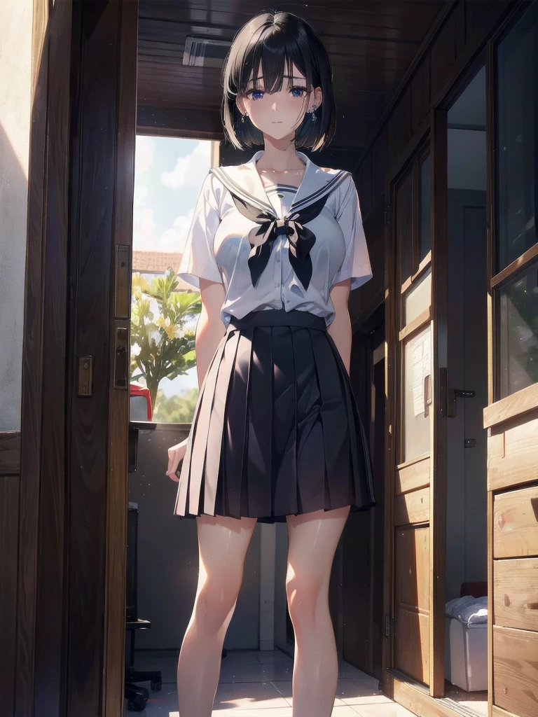 absurdres, RAW photo, extremely delicate and beautiful, masterpiece, Best Quality, ultra high resolution, 32k, hyperrealistic, ultra-detailed, in her 20s, delicate facial features, tearful mole, earring, medium breasts, full body shot, shorter middle hair, black hair, ((summer school_uniform)),