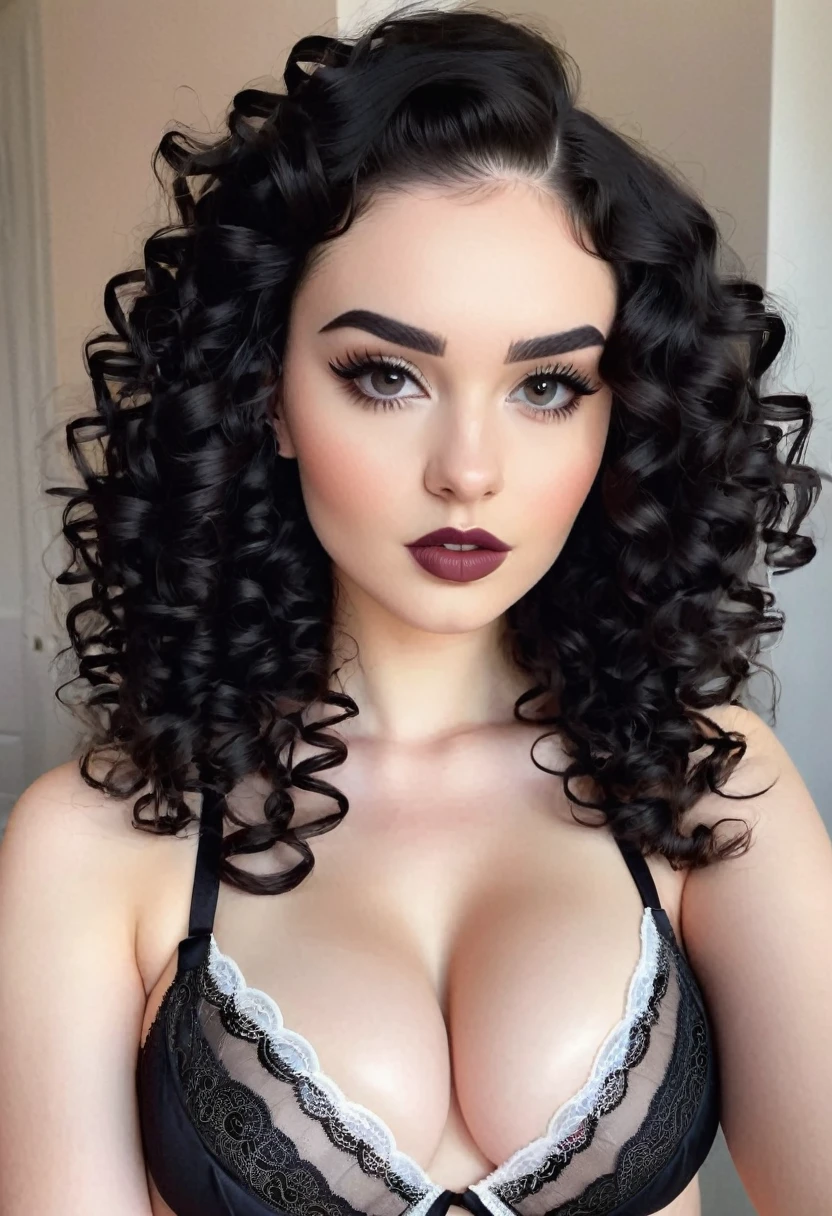 Draw a beautiful girl, White skin, small in stature, with curly black hair and thick eyebrows, totally in lingerie