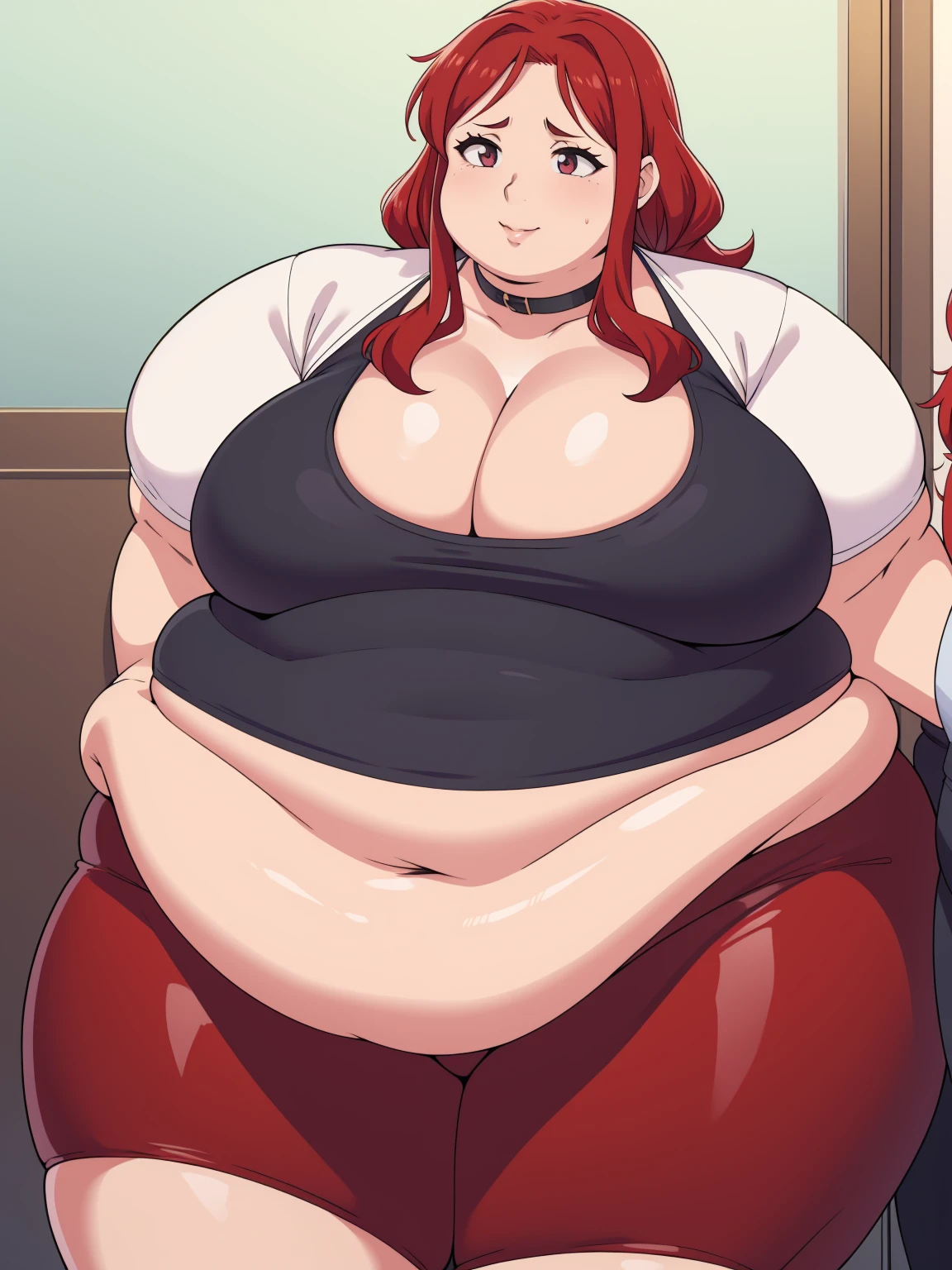 (Morbidly obese:1.1)anime woman, milf, large breasts, red hair, tight leggings white shirt cleavage seductive face Round face, double chin, fat chin, fat cheeks, fat neck, round face, SSBBW, flabby arms, round face, double chin, fat double chin, big double chin, fat neck, chubby cheeks, fat thighs, fat calves, morbidly obese, flabby , giant , large belly, obese, fat face, belly, double chin, obesity, flabby breasts, fat arms and legs, fat everything,