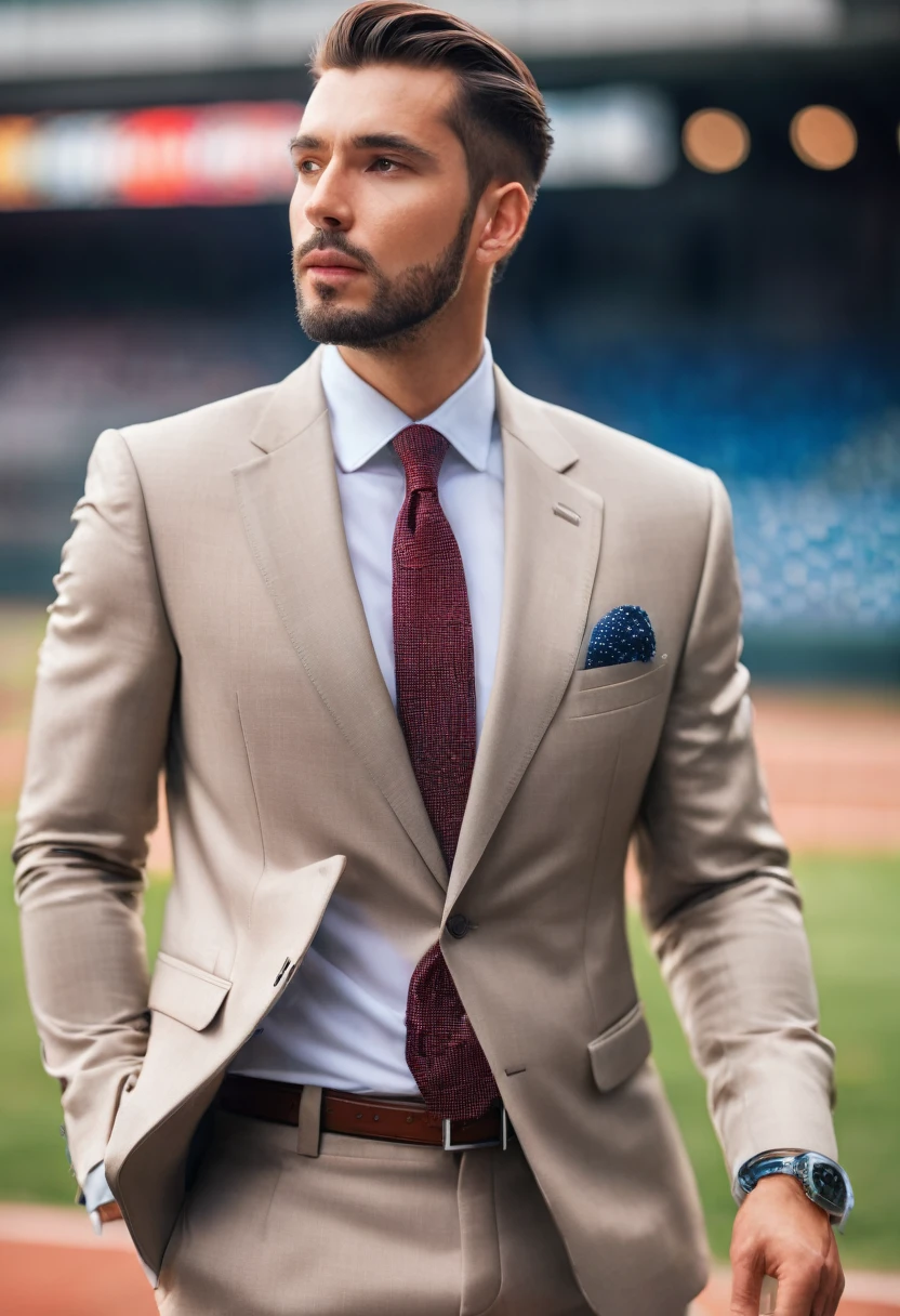 Sporty looking man, Wear a suit, movie light, depth of field, Bokeh, realism, realistic, hyperrealism, professional photography, UHD, dslr, HDR