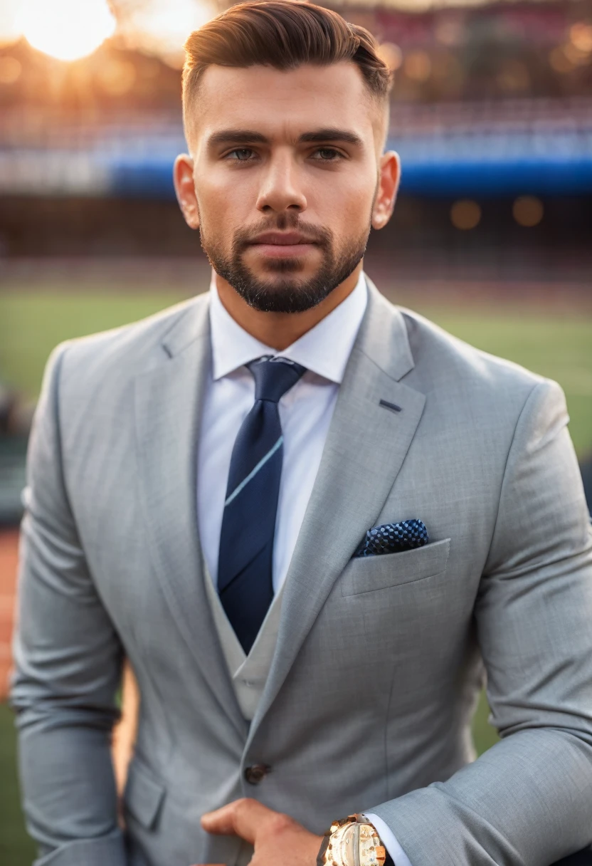 Sporty looking man, Wear a suit, movie light, depth of field, Bokeh, realism, realistic, hyperrealism, professional photography, UHD, dslr, HDR