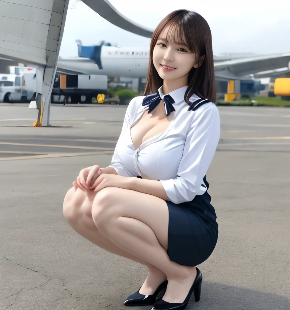 Highest quality、、Ultra-high resolution、masterpiece、Clear photos、Professional Lighting、smile、Very cute girl、beautiful girl、Very cute Yoda Yuki、Very delicate and beautiful、(Large erect nipples、Her cleavage is visible)、Ultra slim、Slender body、Slender body、Tight waist、Beautiful feet、(stewardess、Wear a uniform)、(Squat:1.6)、Berry Shortcut、Brown Hair、Full body photo