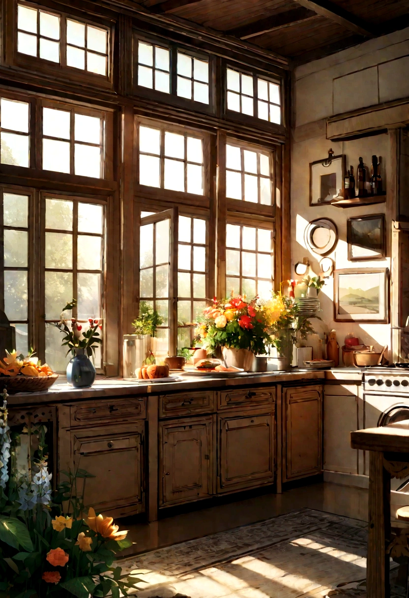 Close-up oF a table,There is a vase oF Flowers on it, delightFul surroundings, There is a French garden, transparent,High Profile,Kitchen on a sunny day, Inside the French Village, author:Sensible, Bright windows illuminate the kitchen, Architectural Digest, Home & Garden Magazine, Residence and garden, Architectural Digest Photos, summer morning light, with Flowers and plants, Vignette digital sketch, Paint dripping. PerFect color grading. Carel Appel and Jeremy Mann's inFluence, Many dramatic and threatening scenes, Extremely detailed, BeautiFul, Crazy details, Intricate details, Editorial Photography, Shot with a 50mm lens, depth oF Fields, Tilt Blur, Shutter Speed 1/1000, F/22. Lightmaps, Super bright