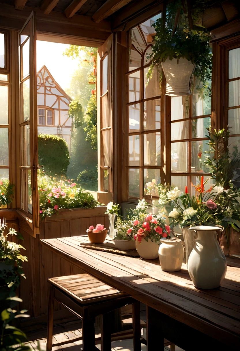 Close-up oF a table,There is a vase oF Flowers on it, delightFul surroundings, There is a French garden, transparent,High Profile,Kitchen on a sunny day, Inside the French Village, author:Sensible, Bright windows illuminate the kitchen, Architectural Digest, Home & Garden Magazine, Residence and garden, Architectural Digest Photos, summer morning light, with Flowers and plants, Vignette digital sketch, Paint dripping. PerFect color grading. Carel Appel and Jeremy Mann's inFluence, Many dramatic and threatening scenes, Extremely detailed, BeautiFul, Crazy details, Intricate details, Editorial Photography, Shot with a 50mm lens, depth oF Fields, Tilt Blur, Shutter Speed 1/1000, F/22. Lightmaps, Super bright