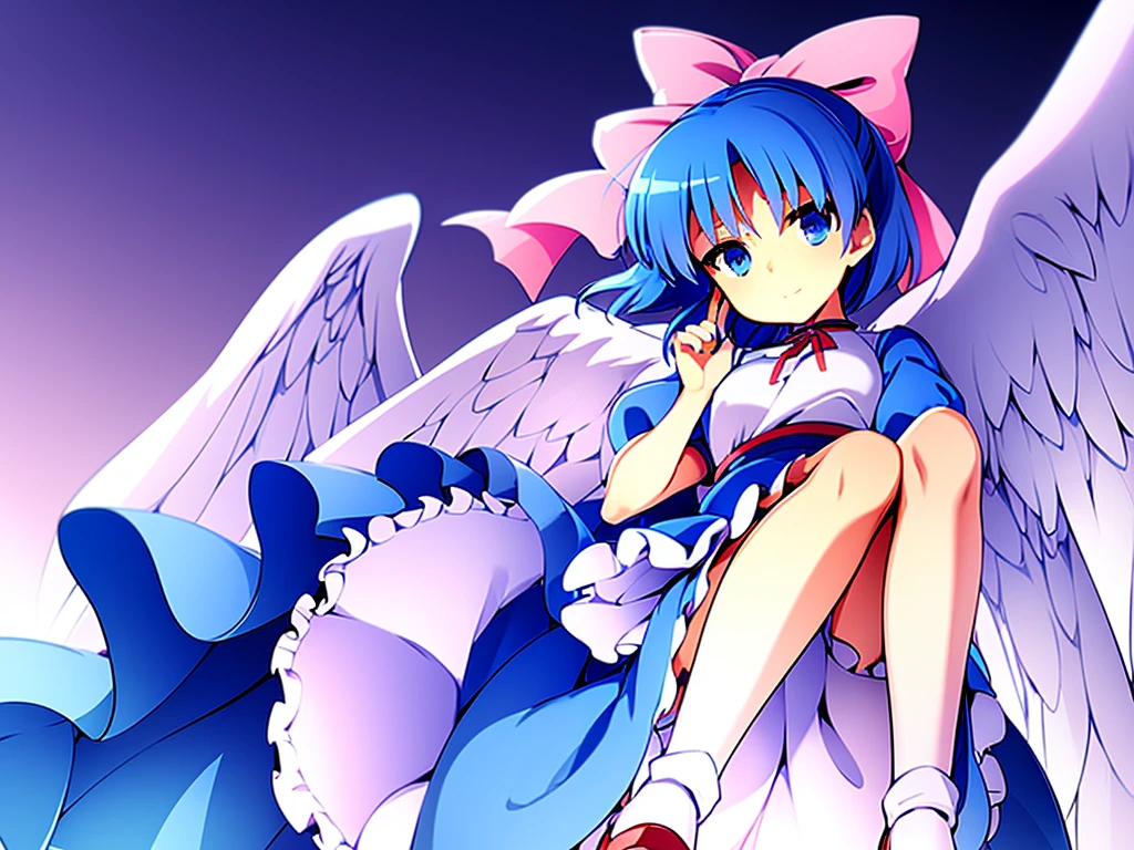 masterpiece, best quality, 1girl, , , 10 years old, medium blue hair, hair flaps, pink ribbon on head, well-formed face, blue eyes, angel girl, white blouse, puffy short sleeves, red ribbon, angel wings, long white skirt, red shoes, frills, ribbon head