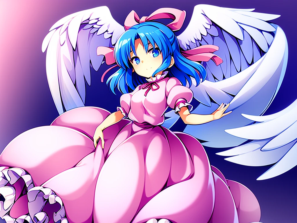 masterpiece, best quality, 1girl, , , 10 years old, medium blue hair, hair flaps, pink ribbon on head, well-formed face, blue eyes, angel girl, white blouse, puffy short sleeves, red ribbon, angel wings, long white skirt, red shoes, frills, ribbon head