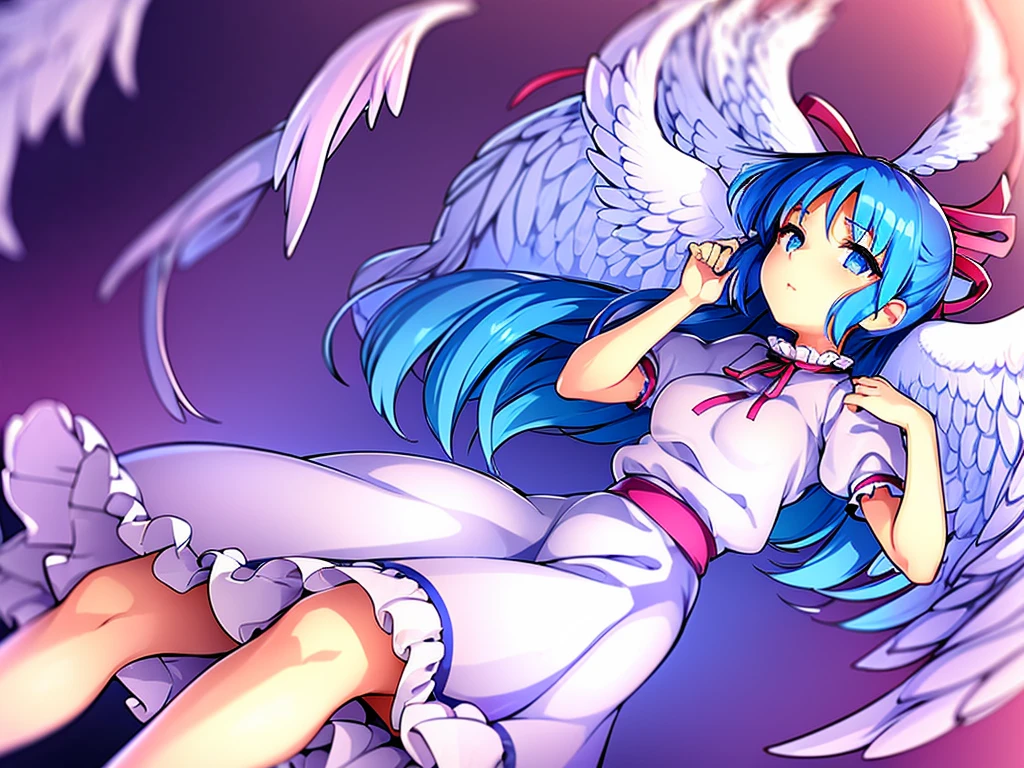 masterpiece, best quality, 1girl, , , , medium blue hair, hair flaps, pink ribbon on head, well-formed face, blue eyes, angel girl, white blouse, puffy short sleeves, red ribbon, angel wings, long white skirt, red shoes, frills, ribbon head