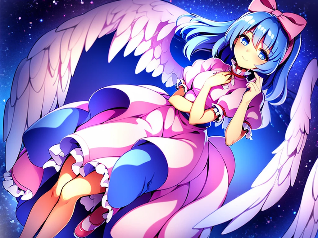 masterpiece, best quality, 1girl, , , , medium blue hair, hair flaps, pink ribbon on head, well-formed face, blue eyes, angel girl, white blouse, puffy short sleeves, red ribbon, angel wings, long white skirt, red shoes, frills, ribbon head