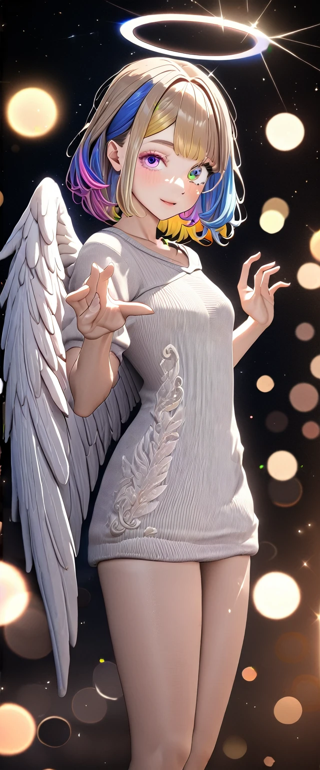 (((One girl))), (((cowboy shot))), ((flying)), ((angel, big big white wings:1.2, halo:1.3)), ((tanned skin)), ((wavy hair, outward curled hair)), sea, beach, evening, Sunset, ((blond hair, bob cut:1.3)), breasts, ager, (looking at viewer), oversized clothes, puffy long sleeves, collarbone, ((off-shoulder sweater dress:1.3, Quite thick shoulder straps)), (((sleeves past wrists:1.3))), ((white sweater)), collarbone, head tilt:1.3, (((blue eye))), ((happy smile)), (((anime style))), (best quality, 4K, 8K, highres, masterpiece:1.2, ultra-detailed, ultra-detailed eyes, HDR, uhd, studio lighting, ultra-fine painting, sharp focus, physically-based rendering, extreme detail description, professional, vivid colors, bokeh), ((Highest quality, Best image quality, Ultra-high resolution, Ultra-high resolution, solo, Strong eye highlights)), Depth of written boundary, Natural soft light, attractive, Beautiful Face, Cleanliness, Pure Face, medium chest, Beautiful Face, Perfect Fingers, Perfect hands, Perfect body, Perfect Face, Shine a light into your eyes, Perfect Anatomy