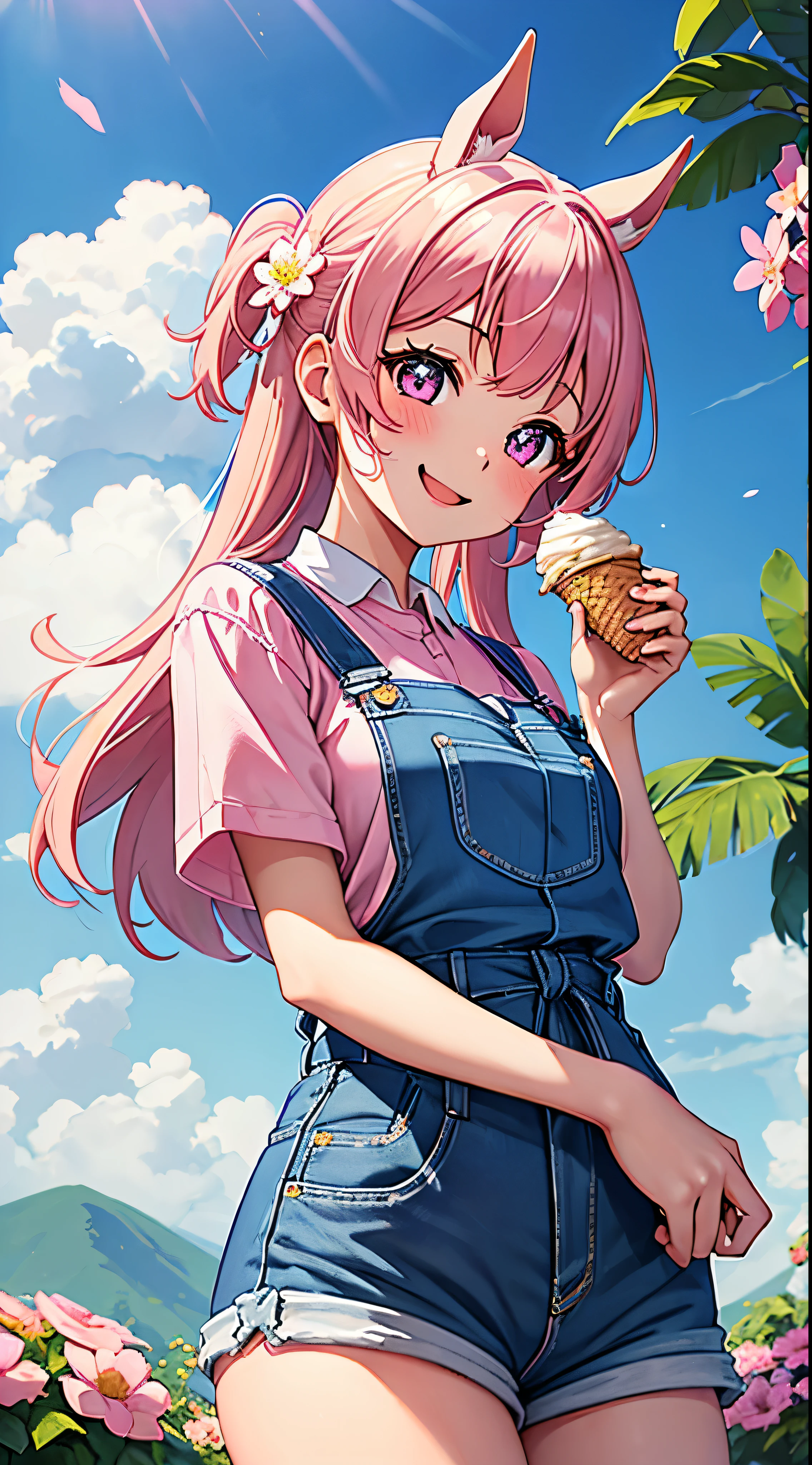 masterpiece、first-class、1girl、solo、Haruurara、Oversized overall shorts、Pink Shirt、Lots of flowers、Horse tail accessories(0.6)、Open-mouthed and smiling broadly、Surrounded by a cloudy background、The flower-shaped pupils sparkle.。