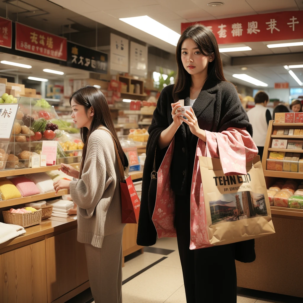 (Highest quality, masterpiece:1.2),Japanese women,50 and 14 years old,Shopping in town