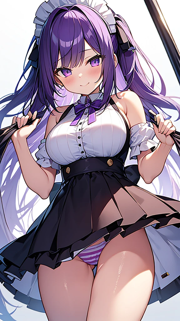 最high quality, high quality, 16K, Ultra-detailed details, pretty girl, alone, beautiful purple hair, Beautiful purple eyes, Big Breasts, A light smile, Summer clothes, Summer Maid clothes, I'm lifting my skirt, Striped underwear, My crotch is wet with love juice, {{A succubus strips off the maid's face and clothes and takes her place}}, Full body image, NSFW