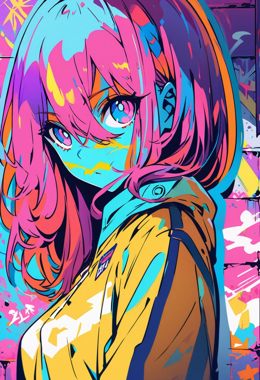 (best quality), masterpiece, Extremely detailed CG8K illustrations, high color, extremely high color saturation, All colors deepen, draw, Graffiti Art, central composition, Extremely detailed light and shadow, graffiti wall, wall drawed bright, Graffiti, 1 girl looking at the wall, The face and eyes are very detailed, medium length hair, sportswear, colorful clouds