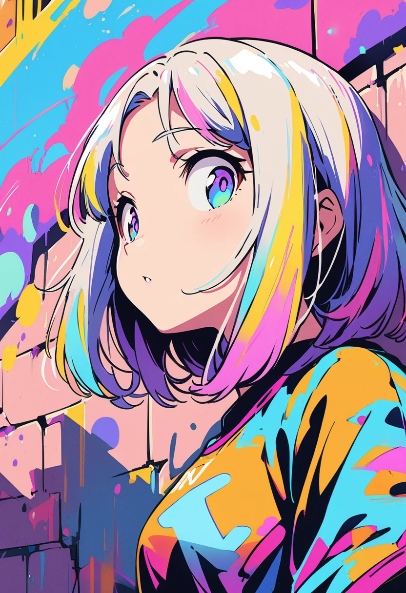 (best quality), masterpiece, Extremely detailed CG8K illustrations, high color, extremely high color saturation, All colors deepen, draw, Graffiti Art, central composition, Extremely detailed light and shadow, graffiti wall, wall drawed bright, Graffiti, 1 girl looking at the wall, The face and eyes are very detailed, medium length hair, sportswear, colorful clouds