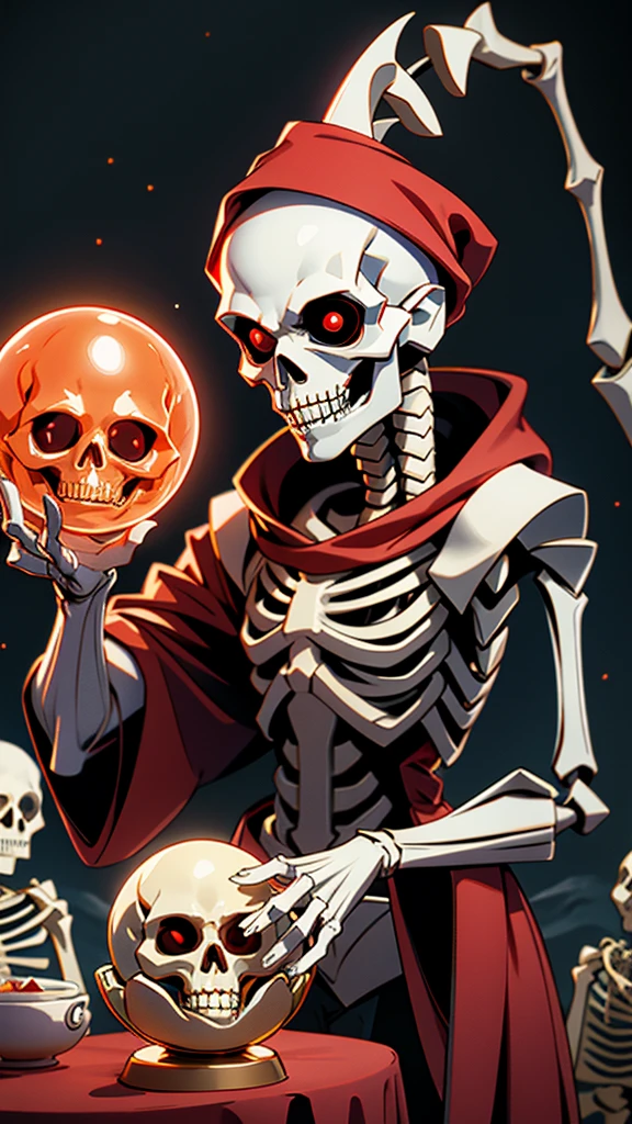 8k, extremely detailed, film lighting, a friendly and cute wizard skeleton, with red eyes, holding a crystal ball