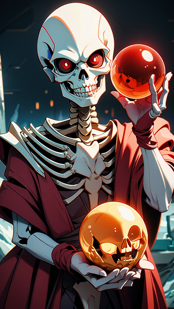 8k, extremely detailed, film lighting, a friendly and cute wizard skeleton, with red eyes, holding a crystal ball