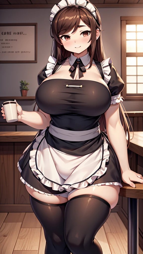 Coffee shop background，Coffee shop background，Indoor background，Tables and Chairs，Bar，Maid girl，Wearing a maid outfit，Big breasts，Maid headband，futanari，Hip bulge，Bulge between the thighs，cute，Long hair，Mature，charming，Bulge between the thighs，Bulge between the thighs，Hip bulge，cute，Pants，shorts，Short skirt，Culottes，Close-up shot from waist up