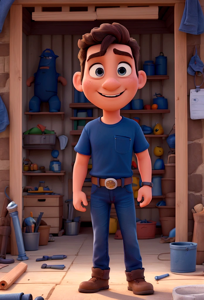 A man selling construction materials store, Dark blue T-shirt, jeans, fully body, disney pixar style, high qualiy, best qualityer