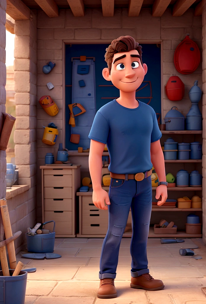 A man selling construction materials store, Dark blue T-shirt, jeans, fully body, disney pixar style, high qualiy, best qualityer